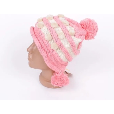 Светлорозова плетена шапка декорирана с бежови топчета и розови помпони