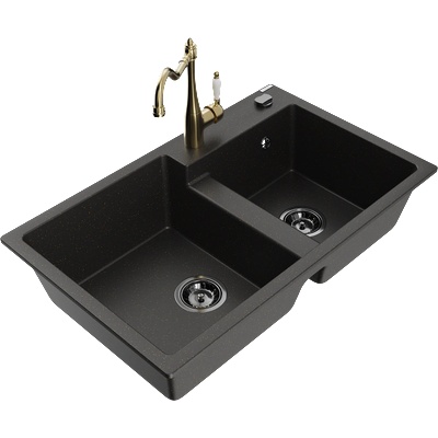 Mexen Tomas двоен гранитен мивка с кухненски смесител Carla, черен/златист металик - 6516-75-670700-50-B (6516-75-670700-50-B)
