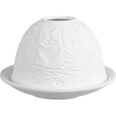 Bílý porcelánový svícen na čajovou svíčku koťátka v košíku – 12x8 cm