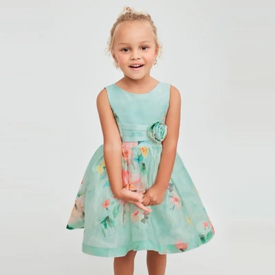 Abel & Lula Ленена рокля в ментов цвят с пъстри цветя за мини момиче Abel&Lula