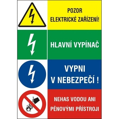 Samolepka sdružená Pozor el.zařízení+Hl.vyp.+Vypni+Nehas