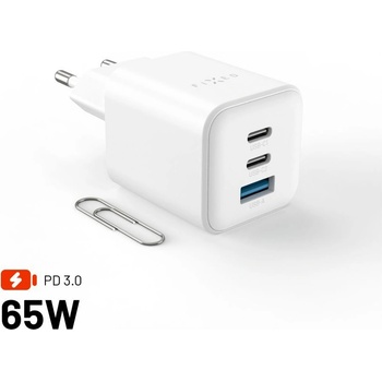 FIXED Mini 2x USB-C, USB-A GaN заряден адаптер 65W, бял FIXCG65M-2C1A-WH (FIXCG65M-2C1A-WH)