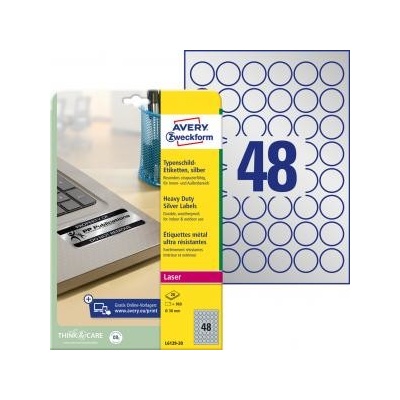 Etikety polyesterové veľmi odolné kruhové priemer 30mm Avery A4 strieborné 20 hárkov