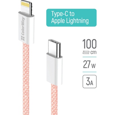 ColorWay CW-CBPDCL061-P Type-C - Apple Lightning (braided cotton) PD 27W 1m ružový