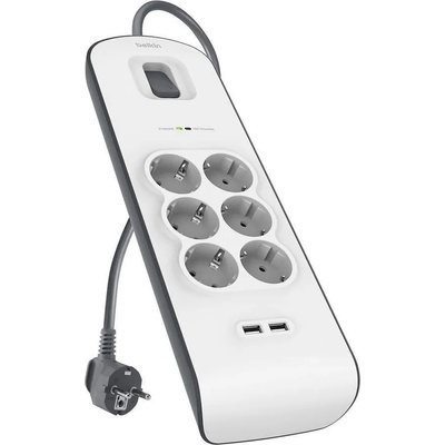 Belkin SurgePlus 6 AC Outlets And Two USB-A Ports Surge Protection Strip - разклонител с вградена защита с 6хAC изхода и 2хUSB-A порта (бял)