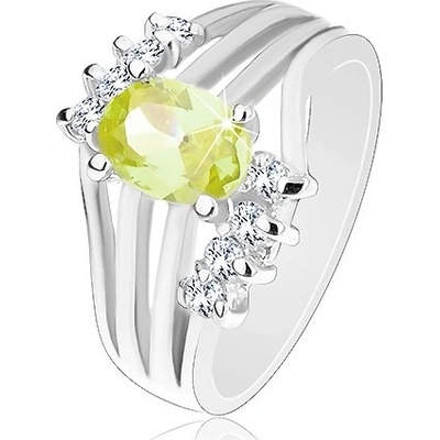 Šperky eshop Blýskavý prsten stříbrné barvy barevný oválný zirkon lesklé pásy čiré zirkony R28.11 Světle zelená