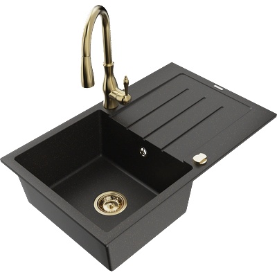 Mexen Bruno гранитна мивка с 1 камера с отцедник и кухненски смесител Savita, черно/злато металик - 6513-75-672601-50 (6513-75-672601-50)