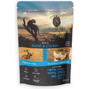 AMBROSIA Pouch Cat Adult Sterilized Rabbit Chicken Digestive Help - пауч, пълноценна, балансирана мокра храна, идеална за пораснали и кастрирани котки - 85 гр, Франция