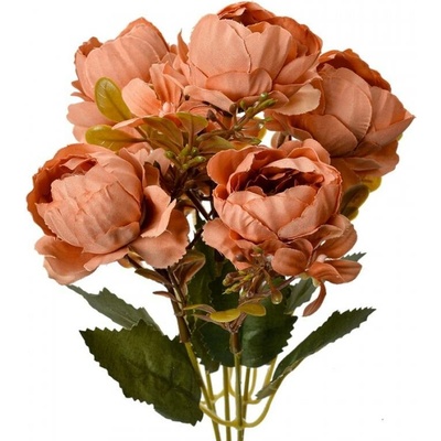 Umělá rostlina trs oranžových pivoňěk s lístky – 34 cm