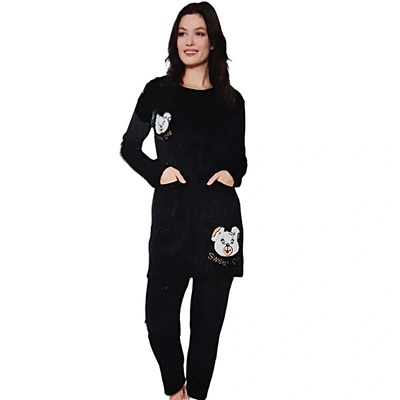 Плюшен комплект пижама с халат в черно