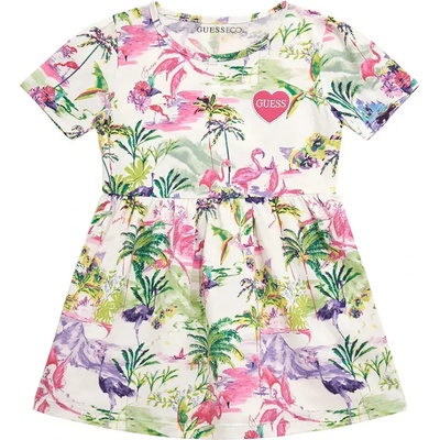 Guess Памучна разкроена многоцветна рокля за мини момиче с цикламено лого Guess