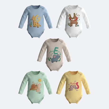 Guess Пет разноцветни бодита с дълъг ръкав за бебе Guess Kids с цветни апликации