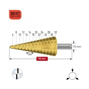 Karnasch Стъпално свредло Ø 6-32 mm (x 4 mm), HSS-XE TiN-Gold, 2x прав канал, BESTSELLER (1487)