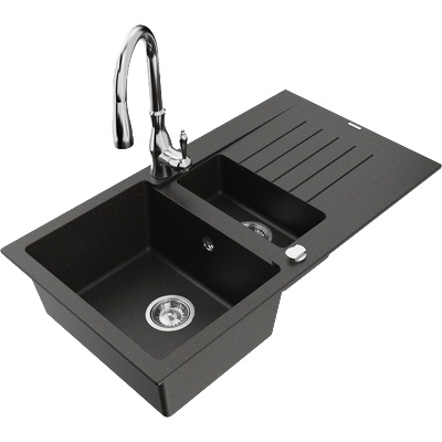 Mexen Matias гранитна мивка с 1, 5 камери с отцедник и кухненски смесител Savita, черно/златно - 6502-75-672601-00 (6502-75-672601-00)