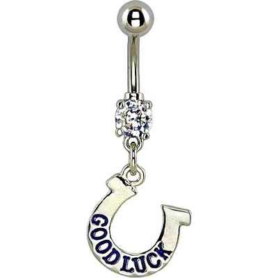 Šperky eshop piercing do pupíku podkova modrý nápis GOOD LUCK W02.30