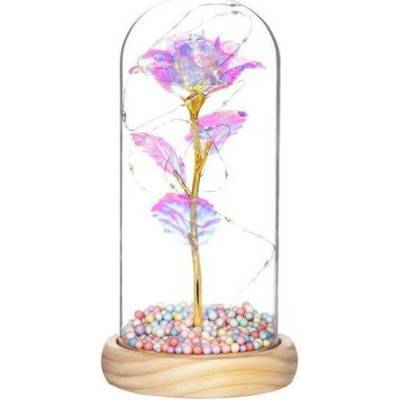 Věčná růže ve skle - Led - 22 cm - křišťál/zlatý stonek/barevné kuličky