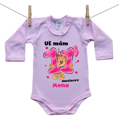 Boodyy Ružové body s dlhým rukávom Už mám 11 mesiacov s Medvedíkom a menom dieťatka Dievča