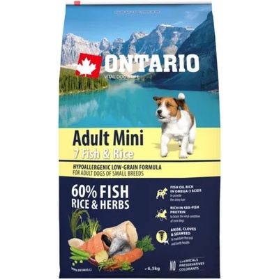 ONTARIO Adult Mini Fish & Rice - пълноценна храна за пораснали кучета от малки породи със седем вида риба и ориз 6, 5 кг, Чехия 214-10577