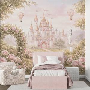 Art Gift Decor Фототапет приказен замък с розова арка и балони