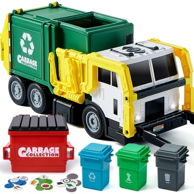LEAN Toys Popelářské auto se světly a zvuky, zelené, 1:16, kontejner na odpad