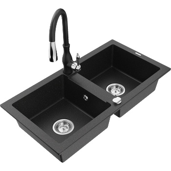 Mexen Mario гранитна мивка с 2 камери и кухненски смесител Savita, черен/сребрист металик - 6504-73-672601-70 (6504-73-672601-70)