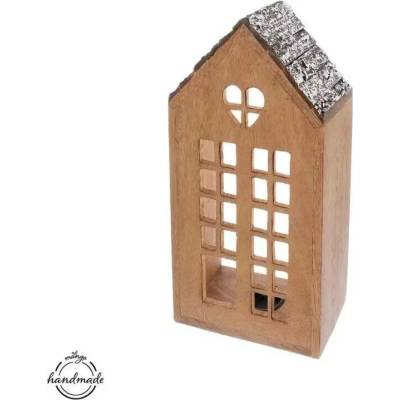 Svícen dřevo/kov MANGO domek v. 28,5 cm