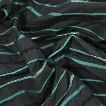 Taft čierny s prúžkami, tyrkys a lurex š.145