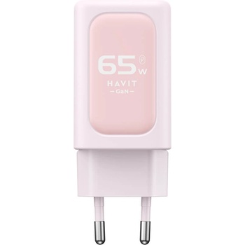 Havit Захранване за ел. мрежа за лаптопи, смартфони и таблети с 2xUSB-C и 1xUSB-A изходи с технология за бързо зареждане - Havit GaN Fast Wall Charger 65W (розов) (UC260EU (KF2343658))