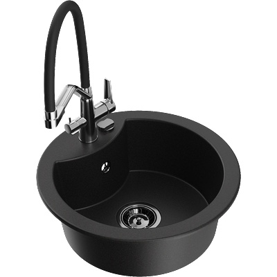 Mexen Diego гранитна кухненска мивка с една камера и кухненски смесител Duo, черна - 6512-77-671701-07-B (6512-77-671701-07-B)