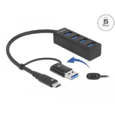 USB хъб Delock, 3.2 Gen 1, 4 x USB-A, USB-C, USB-A конектор, Черен (63828)