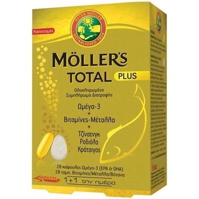 Хранителна добавка Омега 3 + Мултивитамини, Moller' s Total Plus Omega 3 + Vitamins + Minerals + Gingseng + Rhodiola + Hawthorn 28 caps & 28 tabs