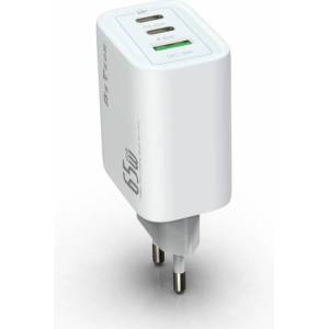 DeTech Мрежово зарядно устройство DeTech DE-PD, 65W, GaN, 2 x Type-C F, 1 x USB F, Бял - 40342