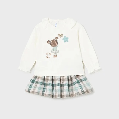 Mayoral Елегантен комплект за бебе момиче бяла блуза и пола каре в зелен цвят Майорал