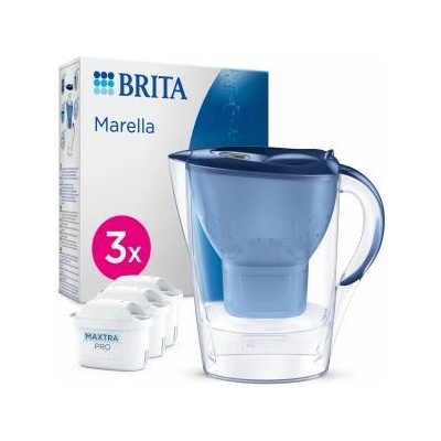 BRITA water filter jug Marella blue (2.4l) incl. 3x MAXTRA PRO Pure Performance cartridge - refrigerator-suitable filter jug with BRITA Memo, folding lid, filters impurities - 1051935