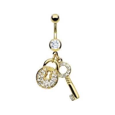 Šperky eshop piercing do pupíku zlaté barvy klíč a zirkonový zámeček F13.5