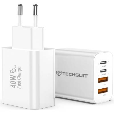 Techsuit Зарядно устройство за стена Techsuit PowerXQuad (CH4) - 2x PD20W Type-C + 2x USB 3.1A, 40W - Бяло