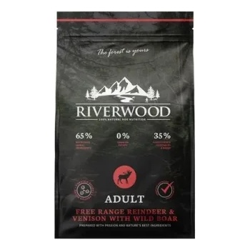 Riverwood Adult - Пълноценна суха храна, специално разработена за възрастни кучета с активен начин на живот, с месо от северен елен и див глиган, 12 кг