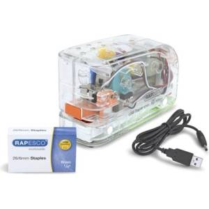 Rapesco Съшивател 26/6, 15 листа, с батерия, с usb зарядно устройство, rapesco "626el", прозрачен 1450 (1450)