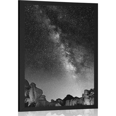 Plakát hvězdná obloha nad skalami v černobílém provedení - 40x60 no frame