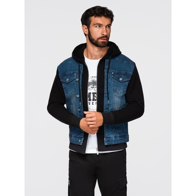 Ombre Clothing Мъжко дънково яке с плетени ръкави и качулка - синьо и черно V2 OM-JADJ-0220 Ombre Clothing Ombre Clothing | Sin | МЪЖЕ | S