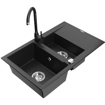 Mexen Gaspar гранитна мивка 1, 5-камерна с отцедник и кухненски смесител Telma, черен / сребрист - 6507-73-670200-70 (6507-73-670200-70)