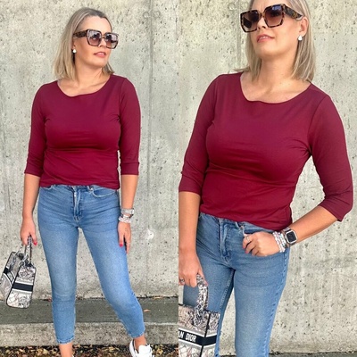 Edena Uni basic tričko s 3/4 rukávem Burgundy červené