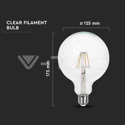 V-TAC LED žiarovka E27 G125 12,5W 3000K filament