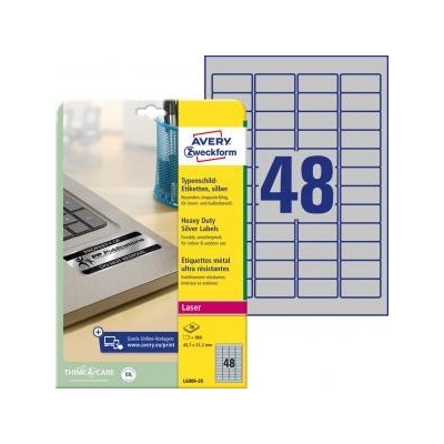 Etikety polyesterové 45,7x21,2mm Avery A4 strieborné 20 hárkov