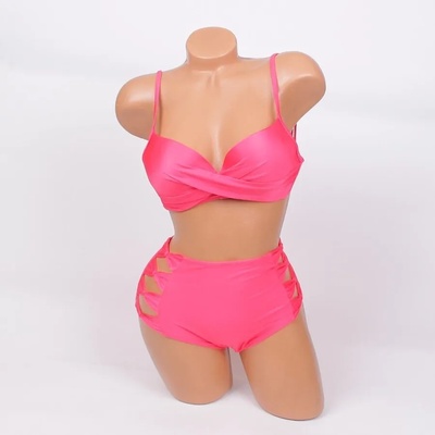 Стилен бански в неоново розово с висока талия - чашка В