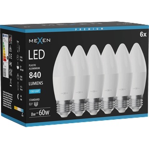 Mexen Nova 6x LED крушка E27, C37, 8W, Студена - 6500K, 840 lm - L102-E27-0865-01x06 (L102-E27-0865-01x06)