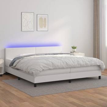vidaXL Боксспринг легло с матрак и LED бяло 200x200 см изкуствена кожа (3134124)