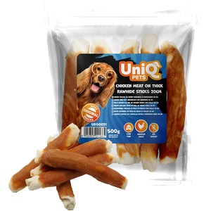 Uniq Pets Dog Snacks chicken meat on thick rawhide sticks 20cm - Дебела rawhide сърцевина с пилешко покритие 500gr