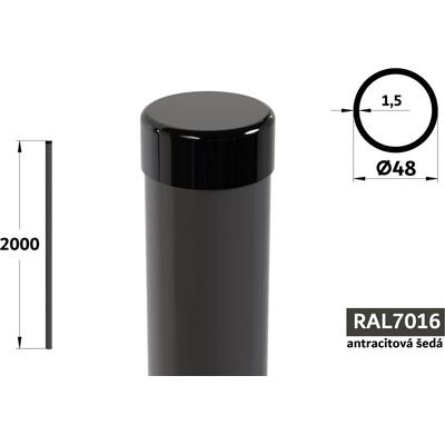 Plotový stĺpik 200 cm, priemer 48 mm, hr. steny 1,50 mm, antracitová šedá