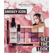 Makeup Revolution London Get The Look Smokey Icon darčekový set paletka očných tieňov Reloaded Eyeshadow Palette 16,5 g + fixačný sprej Glow Fix Illuminating Fixing Spray 30 ml + ceruzka na oči Kohl E